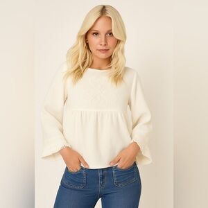 Maria Filo NWT‎ Linen Blend Peasant Blouse Embroidered Fringe Tassel L